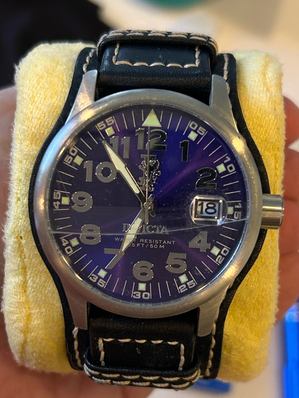 Invicta Men's Black Leather Strap Watch with Purple Dial and Silver Case